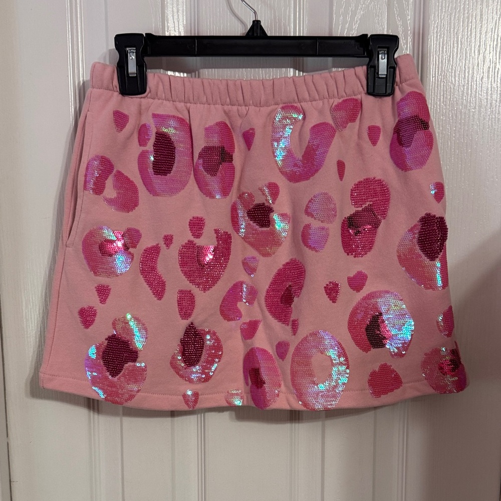 QOS Pink Leopard Sequin Skort
